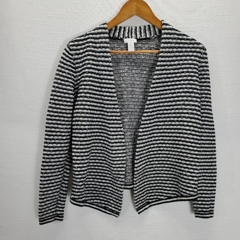Chico Knit Cardigan Womens 1 (M/8) Black/White Open Longer Front Sweater